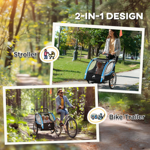 Aosom 2 Seat Bike Trailer for Kids 2-in-1 Double Baby Stroller with Handbrake, Rubber Wheels, 5 Point Harness, Waterproof Cover, Storage Bag, Reflectors