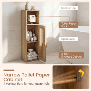 Slim Bathroom Cabinets Freestanding Toilet Paper Holder Stand with Door-Natural view 8