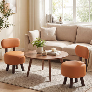 Small Footrest Stools Set of 2 Round Ottoman with Backrest-Orange view 3
