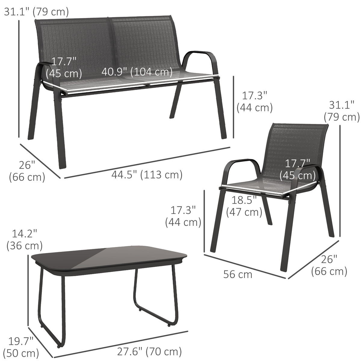 4 Pieces Outdoor Furniture Set with 2 Stackable Chairs, Loveseat, Patio Conversation Set with Glass Coffee Table, Black