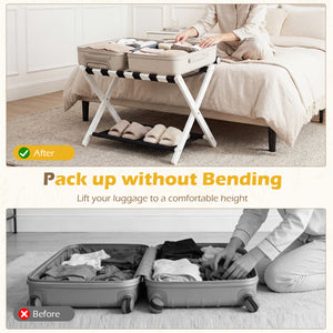Solid Rubberwood Folding Luggage Rack with Nylon Shelves-White view 8