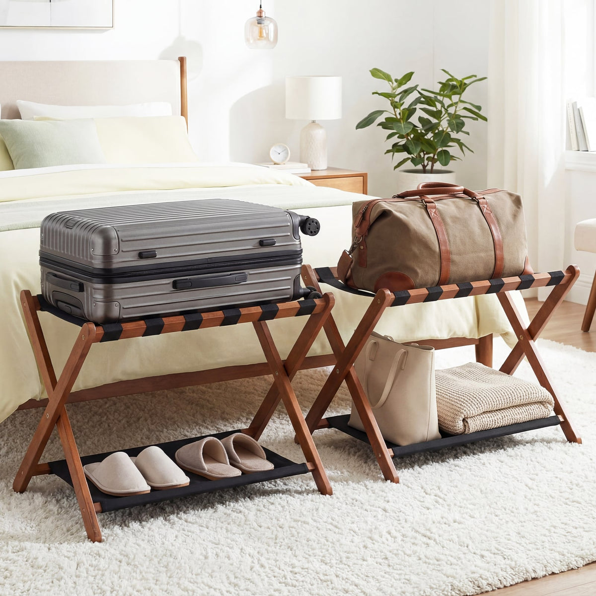 Solid Rubberwood Folding Luggage Rack with Nylon Shelves Set of 2-Brown view 2