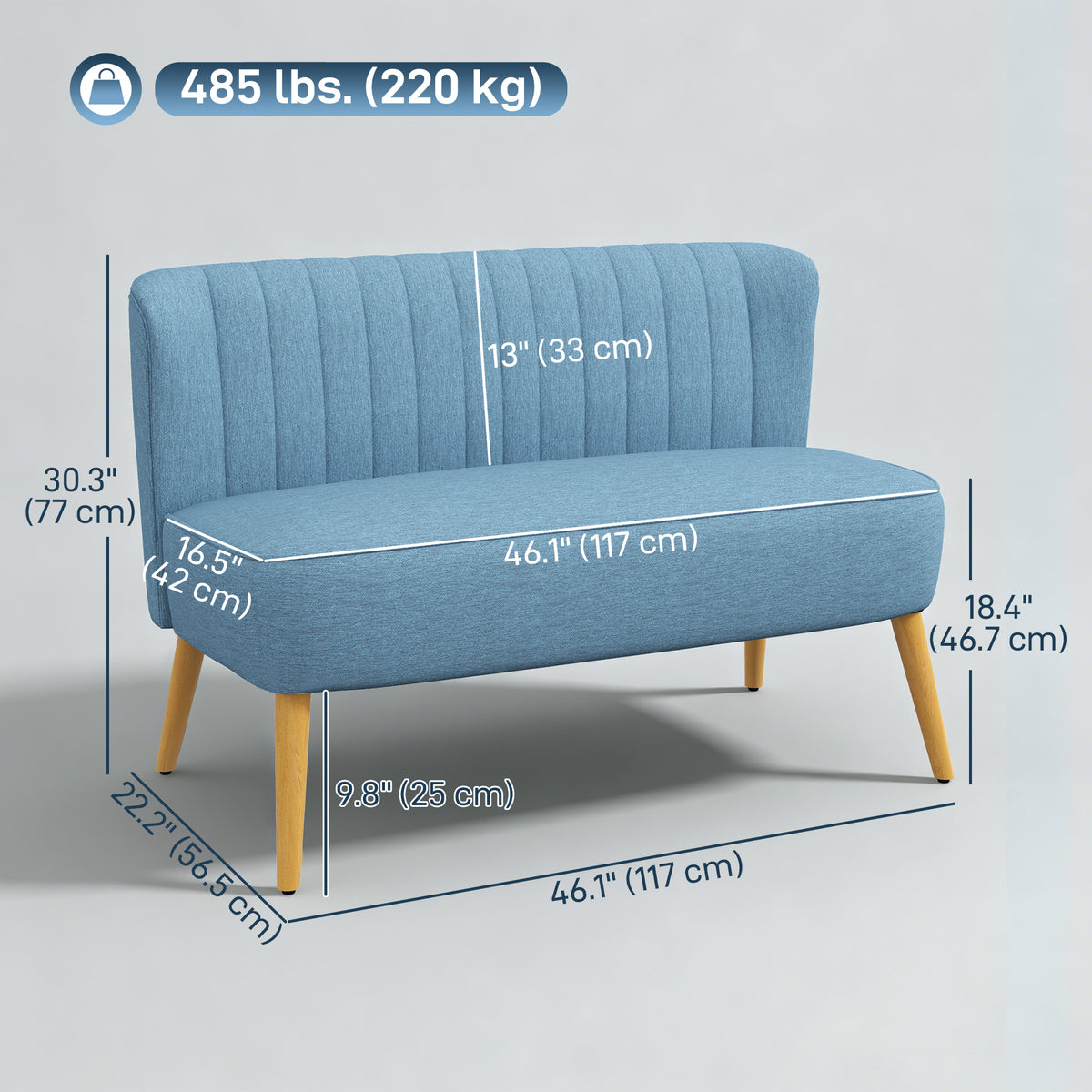 2 Seat Sofa, Upholstered Loveseat Sofa with Rubber Wood Legs, Blue