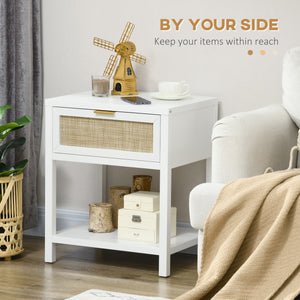 Boho Nightstand, Bedside Table with Rattan Drawer and Open Shelf, Side End Table for Bedroom, Living Room