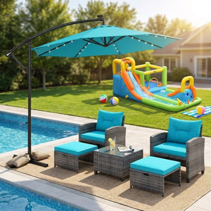 Summer Patio Luxury Bundle: 5-Pc Rattan Furniture Set, 8-in-1 Water Slide & 10ft LED Offset Umbrella view 7