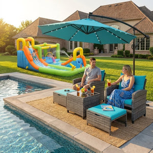 Summer Patio Luxury Bundle: 5-Pc Rattan Furniture Set, 8-in-1 Water Slide & 10ft LED Offset Umbrella view 2