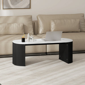 Coffee Table, Modern Marble-Effect Living Room Table with Round Corners and Thicken Legs, Black