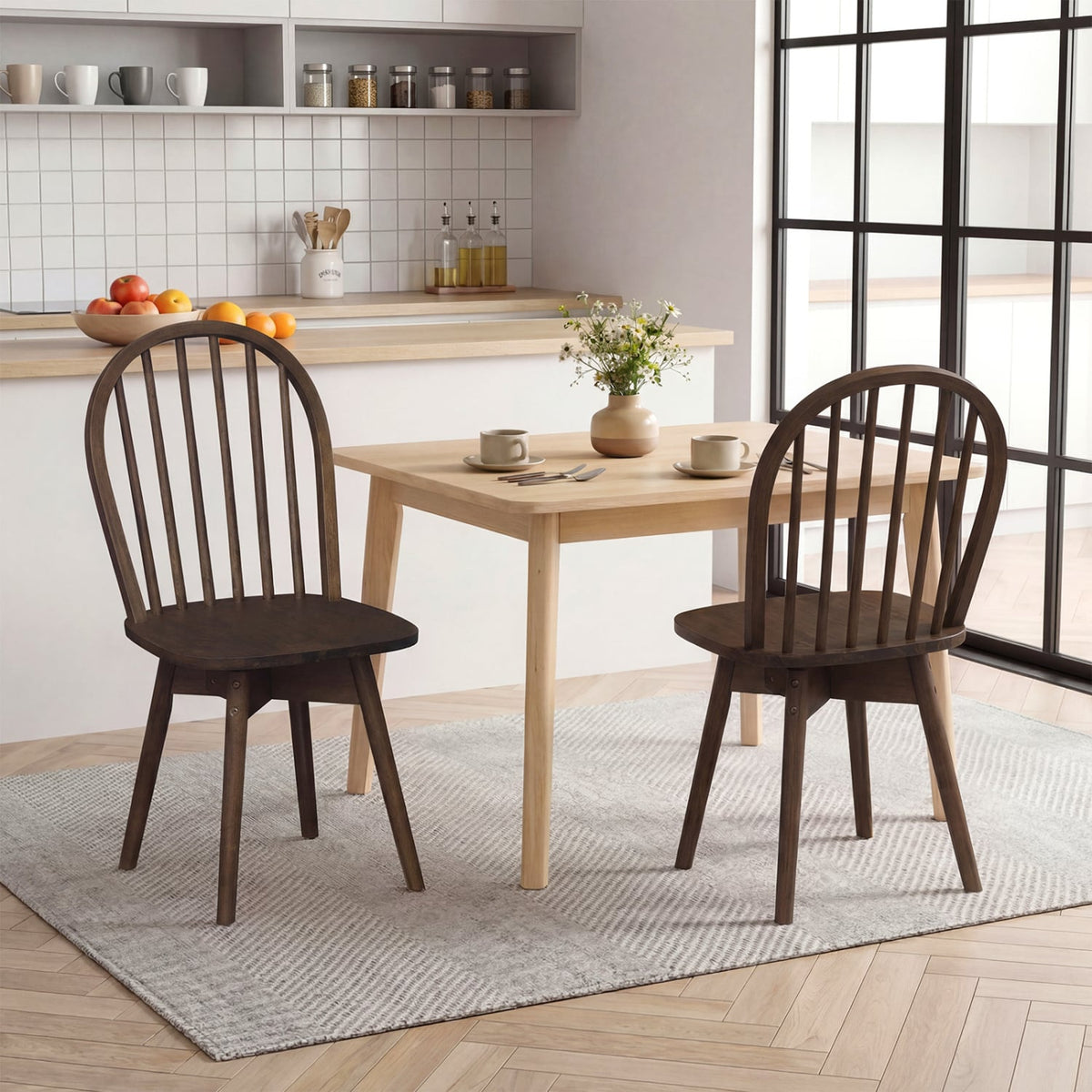Swivel Windsor Dining Chairs Set of 2 with Solid Rubber Wood Frame-Walnut view 2
