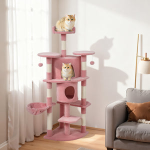 62" Cat Tree with Scratching Post, 2 Condos, Hammock, Perches, Plush, Pompoms, for Indoor Cats, Beige – view 28