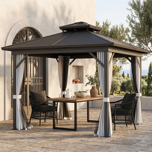 10' x 10' Hardtop Gazebo, Sun Shelter with Double Tier Metal Roof, Mosquito Netting, and Hanging Hook, Light Grey