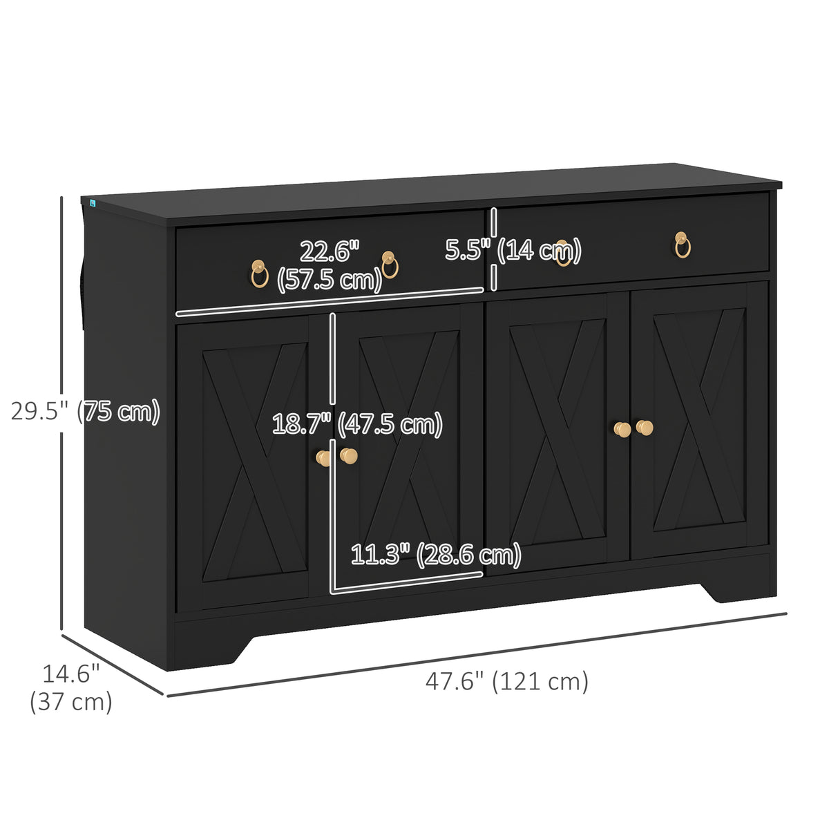 Sideboard Cabinet with 2 Drawers, 4 Barn Doors and 2 Adjustable Shelves, Buffet Table for Living Room, Black – view 2