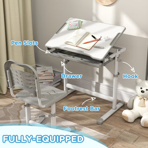 Qaba Height Adjustable Study Table and Chair Set with Drawer, Pen Slot, Tiltable Desktop, Hook