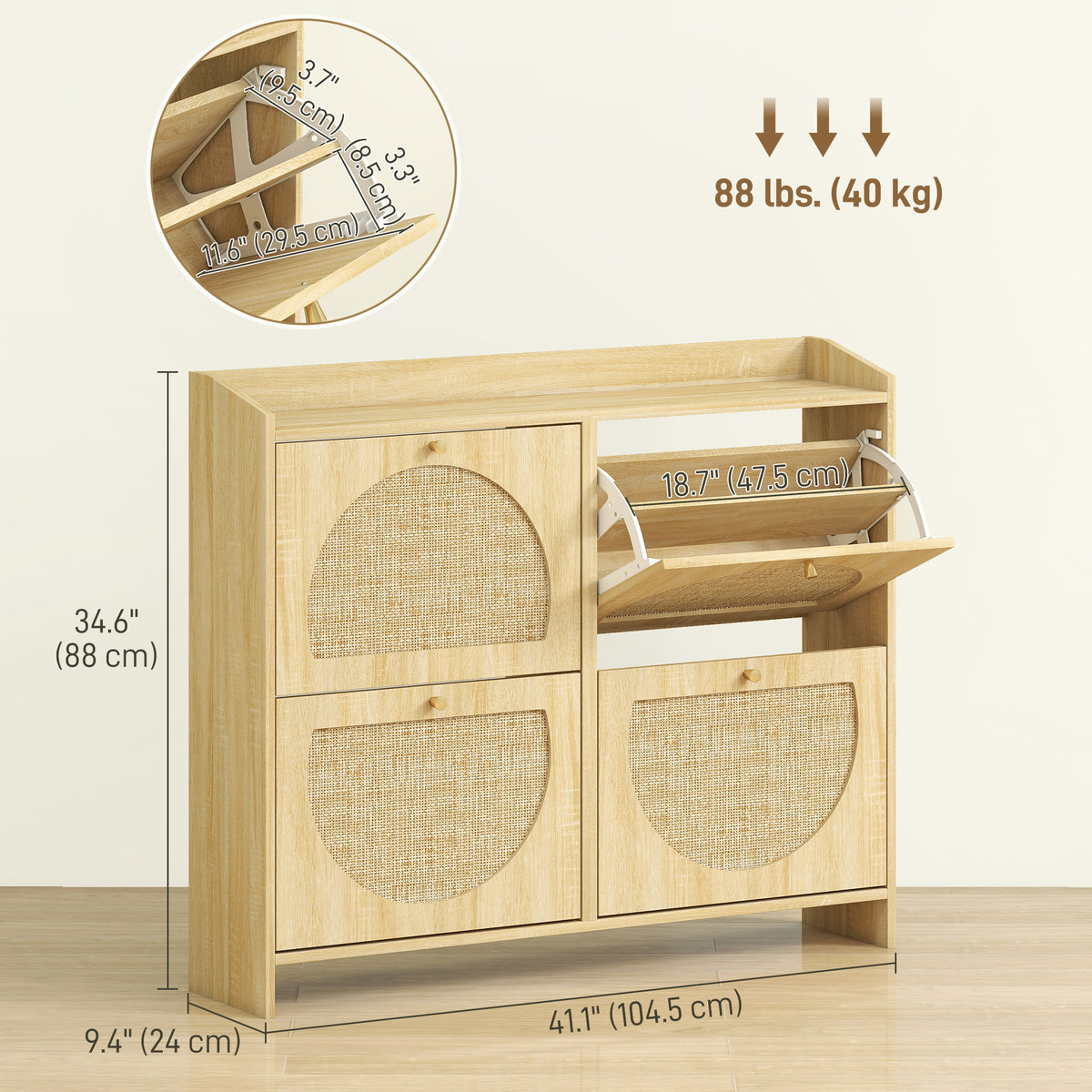 4 Flip-Drawer Shoe Cabinet, Shoe Storage Cabinet with Rattan Doors and Adjustable Shelves, Holds 16 Pairs, Natural