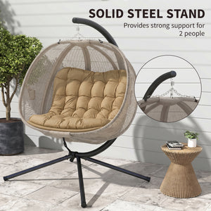 Double Egg Chair with Stand, 2 Person Hanging Swing Egg Chair with Cushion, Pockets, Khaki