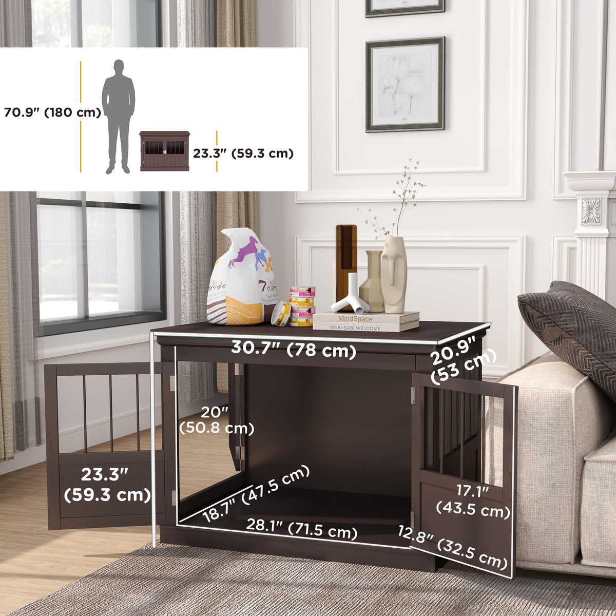 31" Dog Crate Furniture End Table with Three Doors for Small Dogs, Coffee – view 2