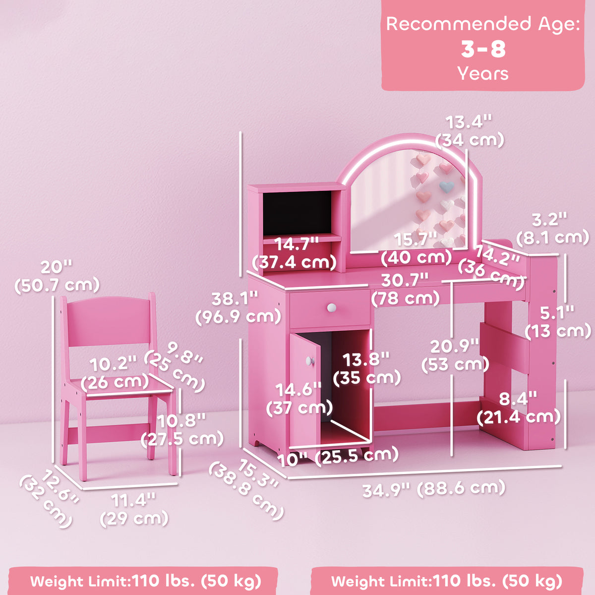 Qaba Kids Vanity Set, Toddler Dressing Table and Chair Set with Lighted Mirror, Cabinet, Drawer and Shelves