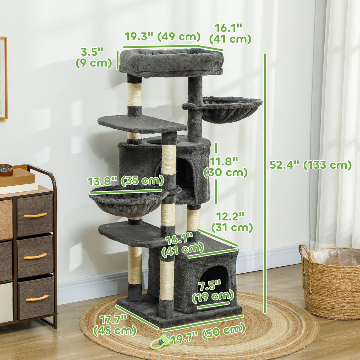 52.5" Cat Tree Tower with Scratching Posts, Cat Condos, Bed, Platforms, Hammocks, for Indoor Cats, Dark Grey – view 2