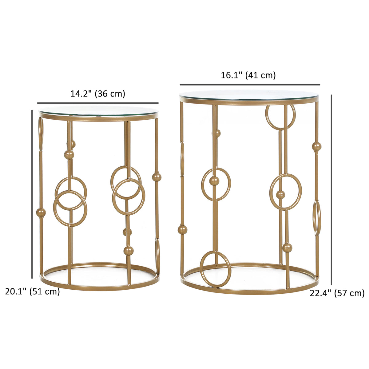 Round Coffee Tables Set of 2, Gold Nesting Side End Tables with Tempered Glass Top, Steel Frame for Living Room