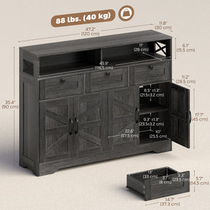 Sideboard, Buffet Cabinet with 4 Barn Doors and 3 Drawers, Coffee Bar Cabinet with Adjustable Shelves, Black – view 9