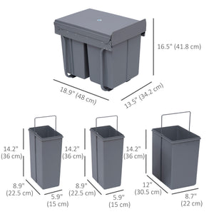 Pull Out Trash Can Under Cabinet, 10.6 Gallon (40L) Slide Out Garbage Can with 3 Removable Compartments, Grey