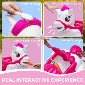 Qaba 12V Unicorn Ride on Toy, Battery Powered Kids Electric Ride on Horse with Carrot Toy, Comb, Animal Sounds