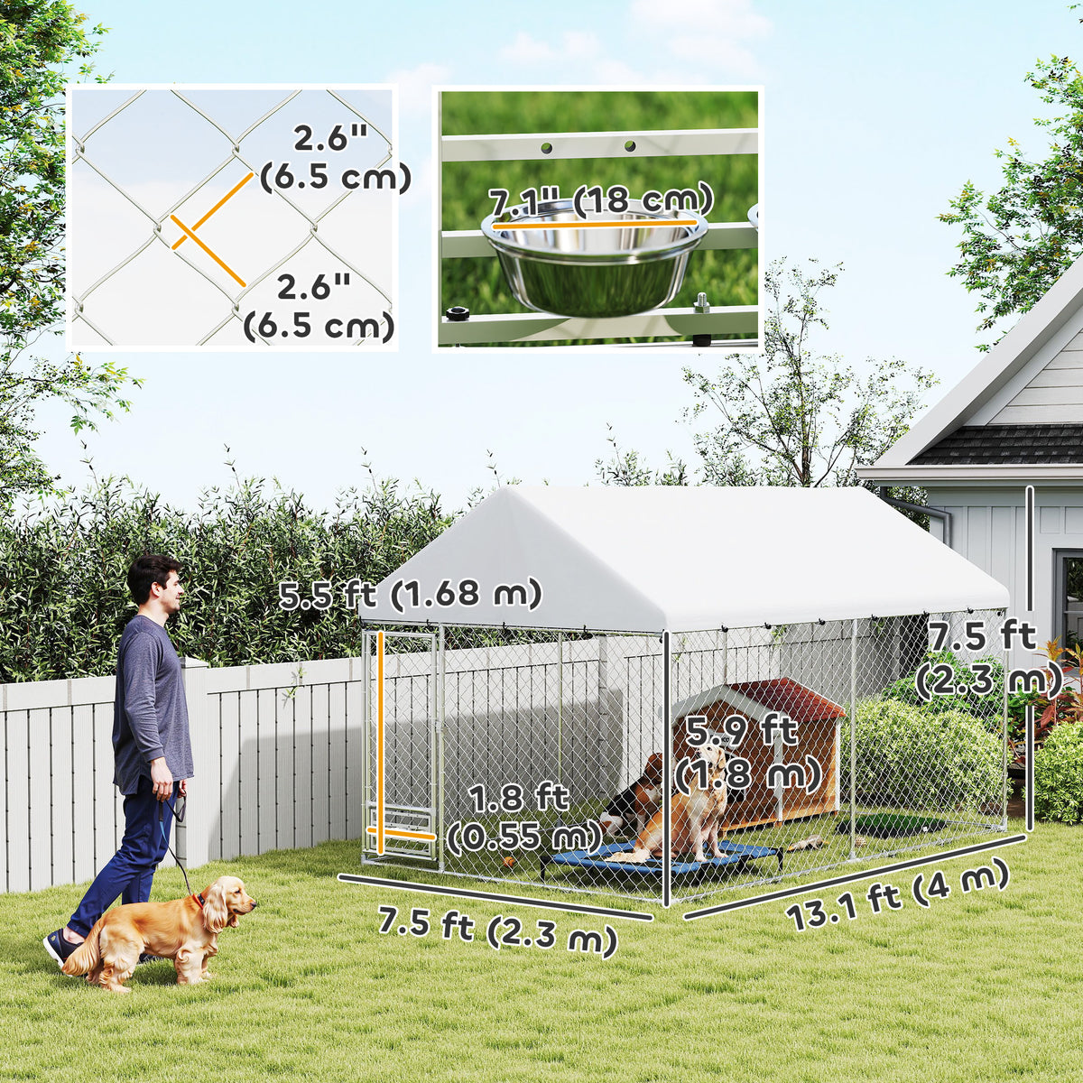 Outdoor Dog Run with Adjustable & Rotatable Bowls, Waterproof UV-Resistant Cover, Escape-Proof Lock, 13.1' x 7.5' x 7.5'