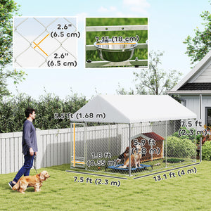 Outdoor Dog Run with Adjustable & Rotatable Bowls, Waterproof UV-Resistant Cover, Escape-Proof Lock, 13.1' x 7.5' x 7.5'
