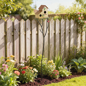 57" Outdoor Bird House with Pole, Metal Bird Houses for Outside, Double-Hole Birdhouse Outdoor Decoration, Yellow