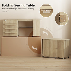 Sewing Machine Table with Drop Leaf, Folding Craft Table with 2 Doors and Adjustable Shelf for Small Spaces, Brown