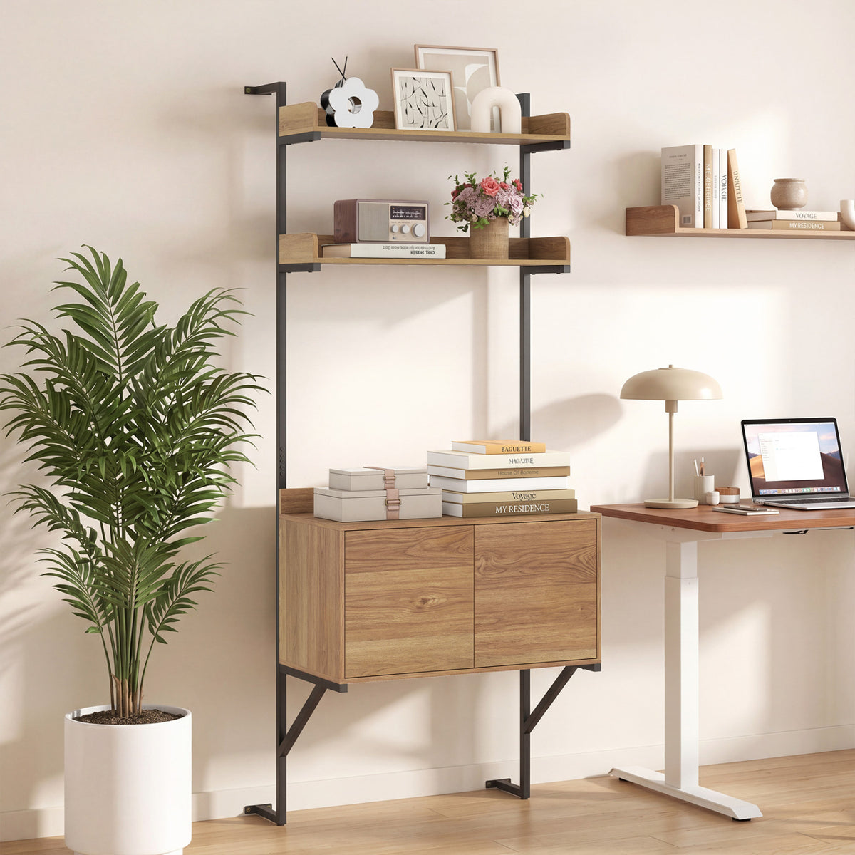 Tall Ladder Shelf with Storage Cabinet Narrow Wall Mounted Ladder Bookcase-Natural view 2