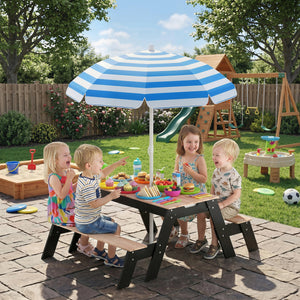 Qaba Kids Picnic Table with Umbrella, 3 in 1 Wooden Sand & Water Table with 2 Hidden Play Boxes for Patio, Ages 3-6