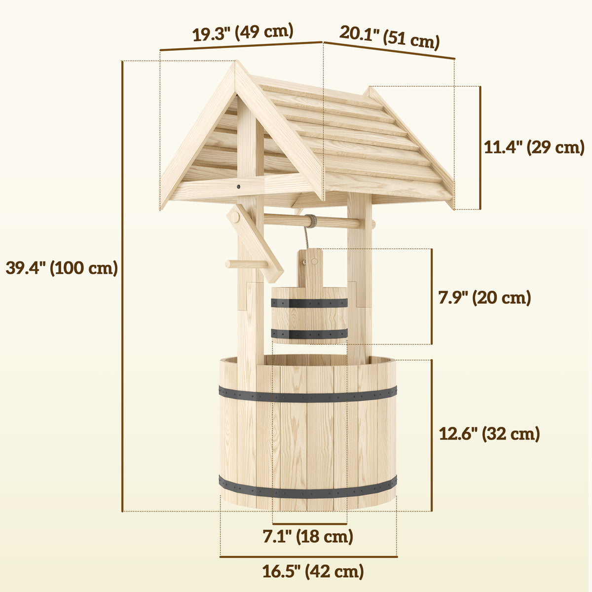 Wood Wishing Well Outdoor Wooden Planter with Hanging Bucket and Drainage Hole for Garden, Patio, Backyard, Natural