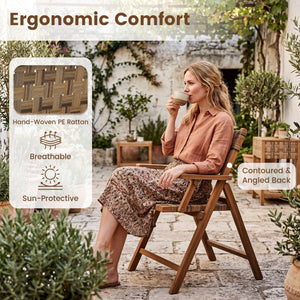 Teak Folding Chairs Set of 2 with Hand-Woven Rattan and Contoured Back view 9