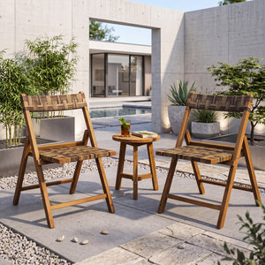 Teak Folding Chairs Set of 2 with Hand-Woven Rattan and Contoured Back view 2