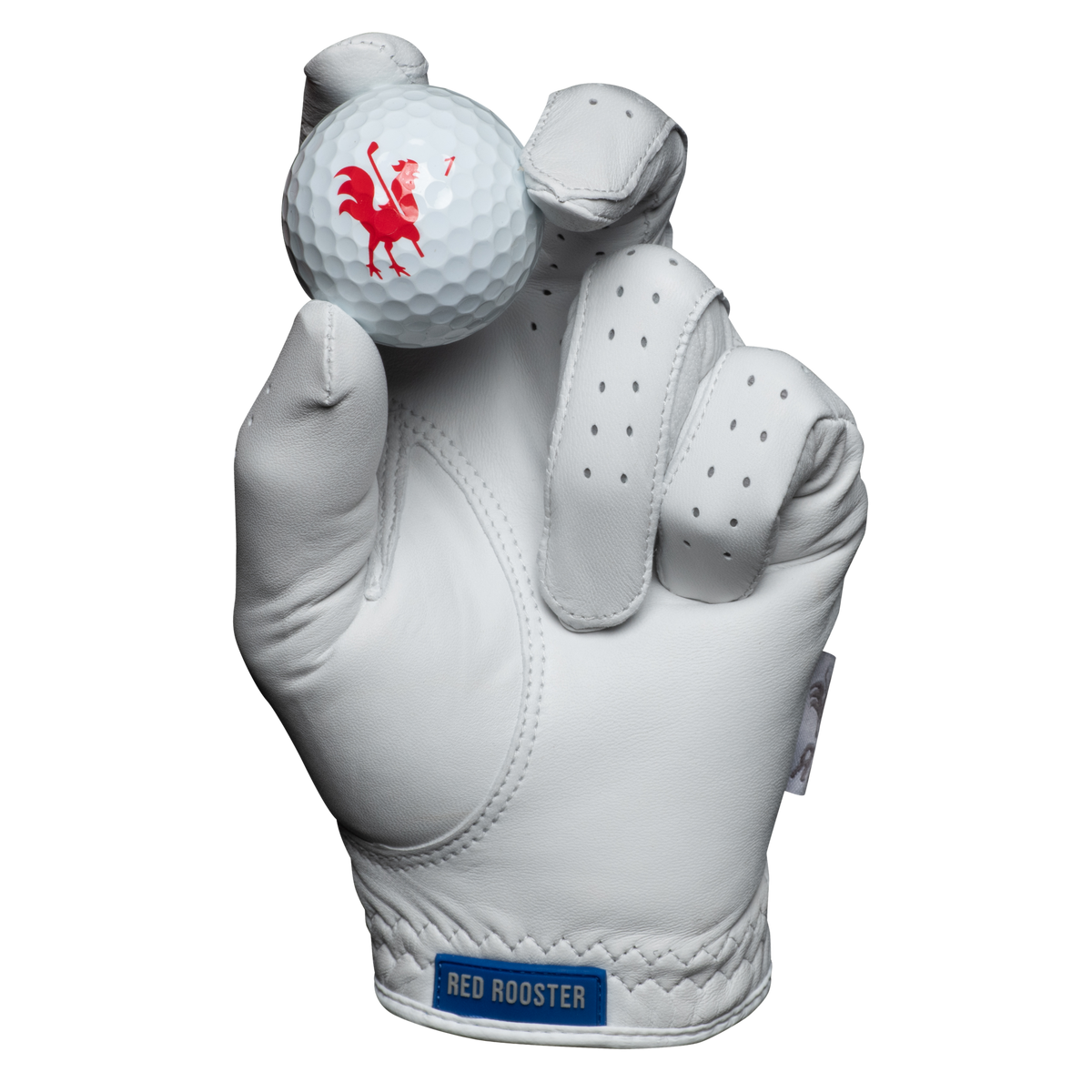 Women's Benny - Red Rooster Golf AAA Cabretta Leather Golf Glove, white leather with blue accents