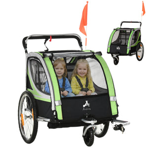 Aosom 2 Seat Bike Trailer for Kids 2-in-1 Double Baby Stroller with Handbrake, Rubber Wheels, 5 Point Harness, Waterproof Cover, Storage Bag, Reflectors