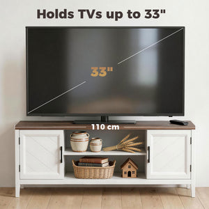 TV Stand for TVs up to 55 Inch, Entertainment Center with 2 Open Shelves, 2 Cabinets, Thick Top, White and Brown