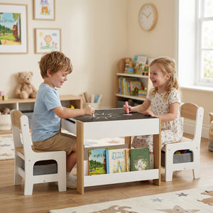 Qaba 3 Piece Kids Table and Chair Set with Reversible Tabletop, Blackboard, Storage, Bookshelf, for Playroom, Nursery