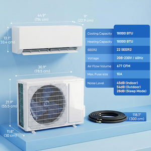 18000 BTU Mini Split Air Conditioner, 22 SEER2 230V Wifi Enabled Inverter AC Unit & Heat Pump Cools up to 1250 Sq. Ft