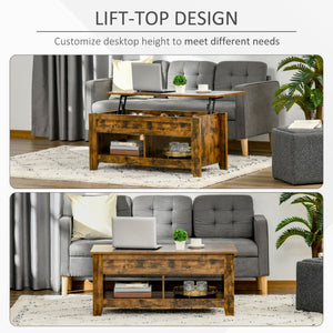 Lift Top Coffee Table with Hidden Storage Compartment and Open Shelves, Lift Tabletop Pop-Up Center Table for Living Room, Dark Walnut