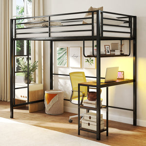Twin Loft Bed with Desk LED Lights Charging Station Heavy-duty Metal Bed Frame with Guardrail-Black view 2
