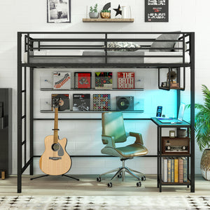 Twin Loft Bed with Desk LED Lights Charging Station Heavy-duty Metal Bed Frame with Guardrail-Black view 3