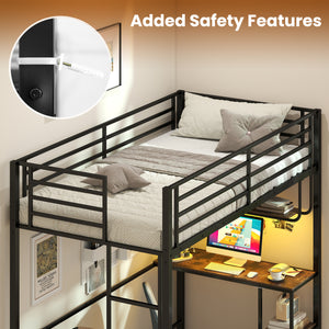 Twin Loft Bed with Desk LED Lights Charging Station Heavy-duty Metal Bed Frame with Guardrail-Black view 9