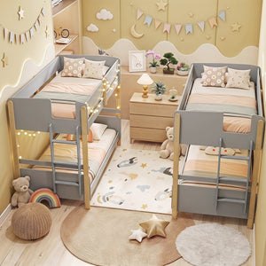 Twin Over Twin Bunk Bed with Ladder Convertible to 2 Twin Beds Toddler Wood Bunk Bed-Grey view 7