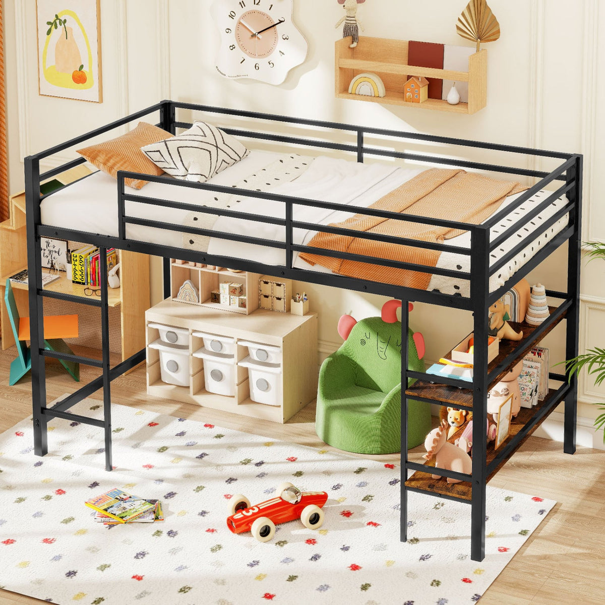 Twin Size Low Loft Bed with Ladder and Storage Shelves Metal Frame for Boys Girls-Black view 2