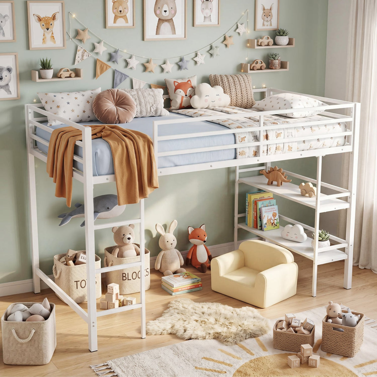 Twin Size Low Loft Bed with Ladder and Storage Shelves Metal Frame for Boys Girls-White view 2