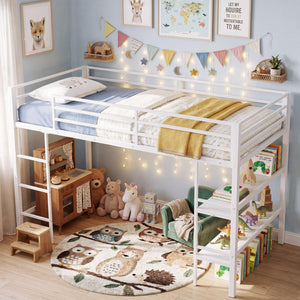 Twin Size Low Loft Bed with Ladder and Storage Shelves Metal Frame for Boys Girls-White view 6