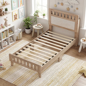 Twin Size Wood Bed Frame with Upholstered Headboard Mid Century Style view 6