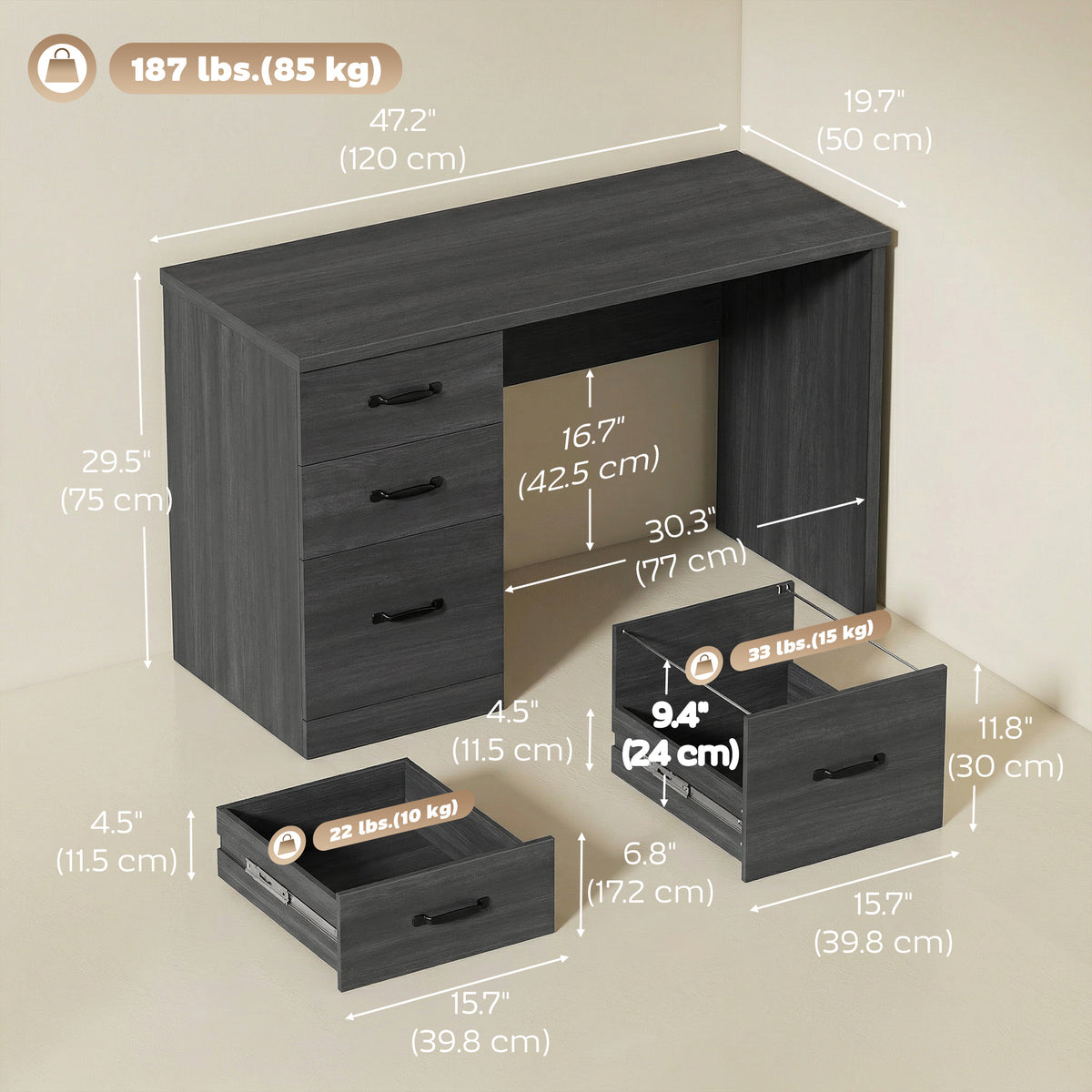 Computer Desk with 3 Drawers, 47" Home Office Desk with Adjustable Hanging Rails for Letter A4 Files, Black