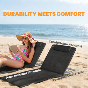 2 Pieces Beach Lounge Chair, Outdoor Folding Chaise Lounge Set w/ Pillow for Sunbath, Snap, Beige – view 12